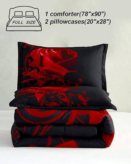 Red Comforter Set Full Reversible Red Rose Pattern Printed Bedding Down Comforter with 2 Pillowcases for All Seasons, Soft Microfiber Lightweight Bedding Set,Full(80"x90") - LeafyLoom