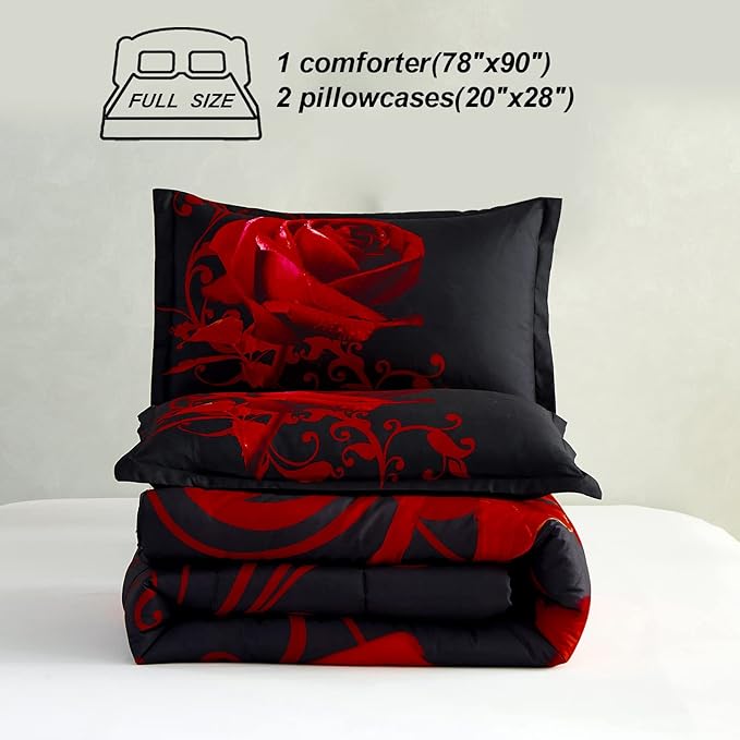 Red Comforter Set Full Reversible Red Rose Pattern Printed Bedding Down Comforter with 2 Pillowcases for All Seasons, Soft Microfiber Lightweight Bedding Set,Full(80"x90") - LeafyLoom