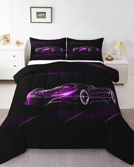 Feelyou Purple Race Car Bedding Set King Size for Kids Boys Extreme Sport Games Comforter Set Teens Toddler Fast and Furious Duvet Set Cool Modern Quilt Set 3Pcs - LeafyLoom