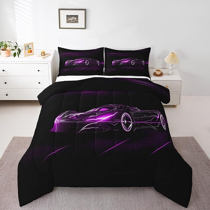 Feelyou Purple Race Car Bedding Set Twin Size for Kids Boys Extreme Sport Games Comforter Set Teens Toddler Fast and Furious Duvet Set Cool Modern Quilt Set 2Pcs - LeafyLoom