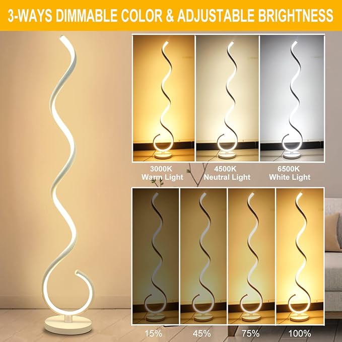 Spiral LED Floor Lamp, 40W Dimmable Floor Lamps for Living Room with Remote Control, Stepless Adjustable Colors & Brightness Standing Lamp Reading Corner Floor Lamp for Bedroom, Office -White - LeafyLoom