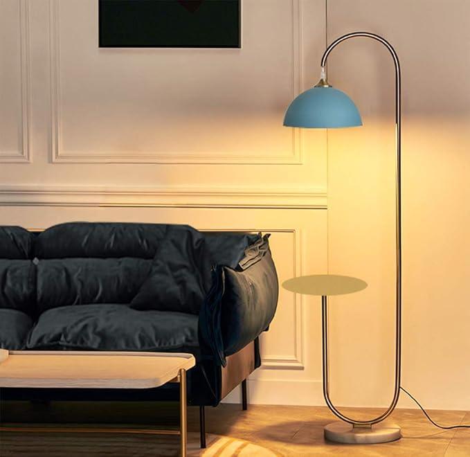 Hsyile KU300240 Modern Standing Light for Bedroom & Living Room Floor Lamp with a Table,LED Reading - Brushed Brass Finish and Blue Shade Bulb Included - LeafyLoom