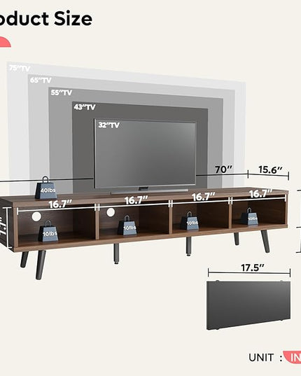 Bestier 70 inch Mid Century Modern TV Stand for 75 inch TV, Low Profile TV Stand with Storage, Entertainment Center for Living Room, Cord Management, Walnut - LeafyLoom
