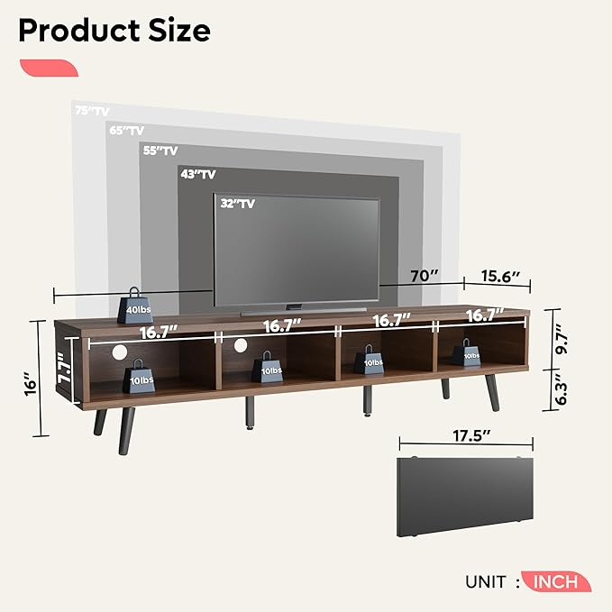 Bestier 70 inch Mid Century Modern TV Stand for 75 inch TV, Low Profile TV Stand with Storage, Entertainment Center for Living Room, Cord Management, Walnut - LeafyLoom