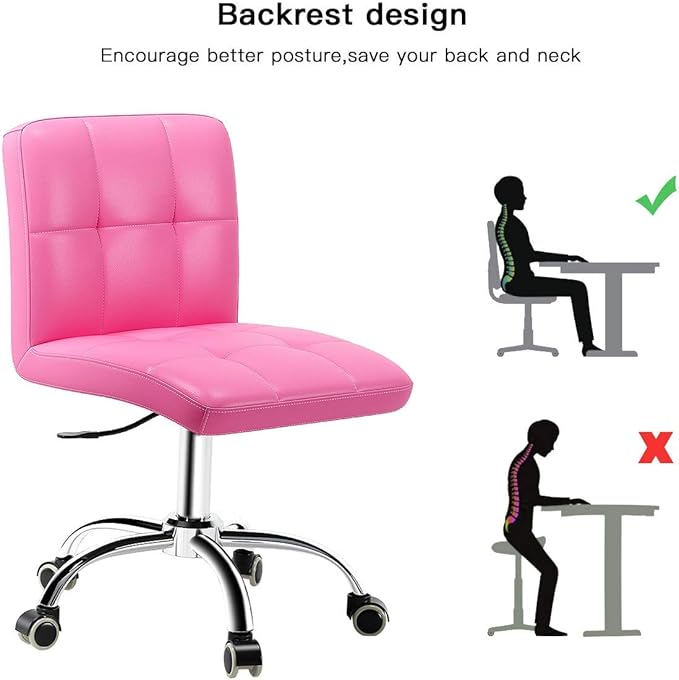 360° Office Desk Chair,PU Adjustable Rolling Task Chair with Backrest for Barber,Office,Home, Computer,360° Swivel,Armless (pink) - LeafyLoom