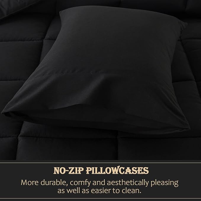 WhatsBedding Black Queen Comforter Set, Lightweight All Season Soft Down Alternative Bed Comforter, 3 Pieces Bedding Set with 2 Pillowcases, Queen Size, 88"x90" - LeafyLoom
