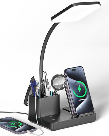 comzler LED Desk Lamp with Wireless Charger, Desk Lamps with Pen Phone Holder, Black Desk Lamp for Home Office,8W 3 Modes Dimmable Touch Lamp, Desktop Study Lamps for College Dorm Room - LeafyLoom