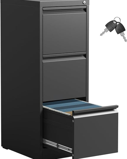 3 Drawer File Cabinet,Metal Filing Cabinets for Home Office, Black Vertical File Cabinet with Lock,Heavy Duty Metal Storage Cabinet for A4/Letter/Legal Size Files,Assembly Required - LeafyLoom