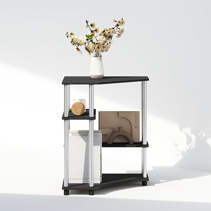 Furinno Turn-N-Tube Multipurpose Corner Shelf, Display Rack, Bookshelf, Americano, Stainless Steel Tubes - LeafyLoom