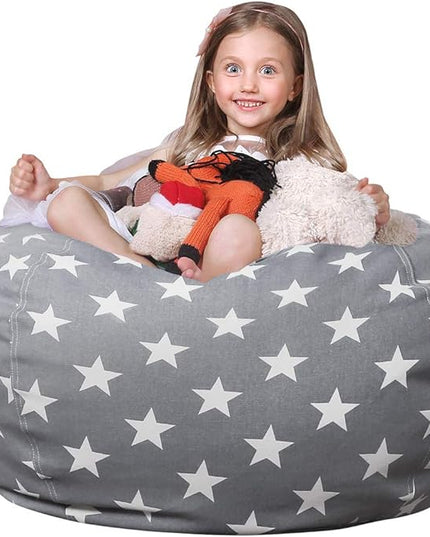 Wekapo Stuffed Animal Storage Bean Bag Chair Cover for Kids | Stuffable Zipper Beanbag for Organizing Children Plush Toys Large Premium Cotton Canvas (Grey star, X-Large) - LeafyLoom
