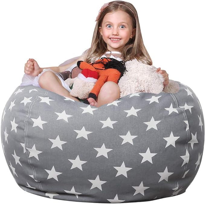 Wekapo Stuffed Animal Storage Bean Bag Chair Cover for Kids | Stuffable Zipper Beanbag for Organizing Children Plush Toys Large Premium Cotton Canvas (Grey star, X-Large) - LeafyLoom