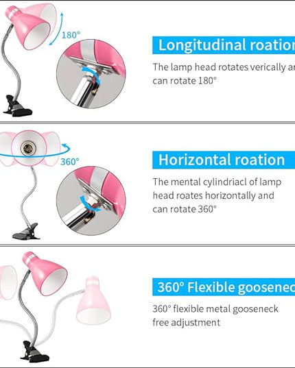 Metal Desk Lamps Clip on Lamp Clip on Light Portable Clamp On Reading Light,Eye-Caring Study Table Lamp with Flexible Goose Neck for Bedroom and Office Home Lighting (Rose red) - LeafyLoom