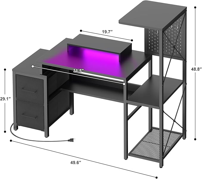 Small Gaming Desk with 2 Fabric Drawers - Reversible Computer Desk with Power Outlet & LED Lights, 49" Office Desk with Monitor Stand & Storage Shelves, Writing Study Table with Pegboard, Black - LeafyLoom