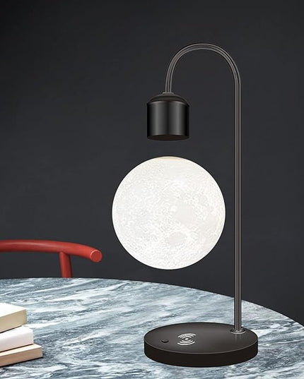 Unique Modern Levitating Moon Lamp with Built-in Qi Wireless Charger, Simplistic and Innovative Design, Warm Decorative LED Light for Home and Office (Black) - LeafyLoom