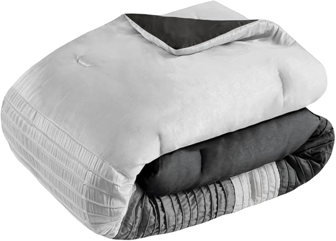 Madison Park Amherst Faux Silk Comforter Set-Casual Contemporary Design All Season Down Alternative Bedding, Matching Shams, Bedskirt, Decorative Pillows, King(104"x92"), Black, 7 Piece (MP10-226) - LeafyLoom