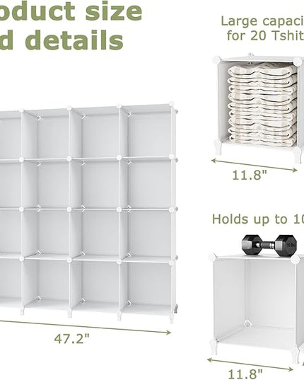FUNLAX Cube Storage Shelf, 16 Storage Cubes Closet Organizers and Storage Portable Cube Storage Organizer Plastic Bookshelf Bookcase for Study Room, Bedroom, Office, White - LeafyLoom
