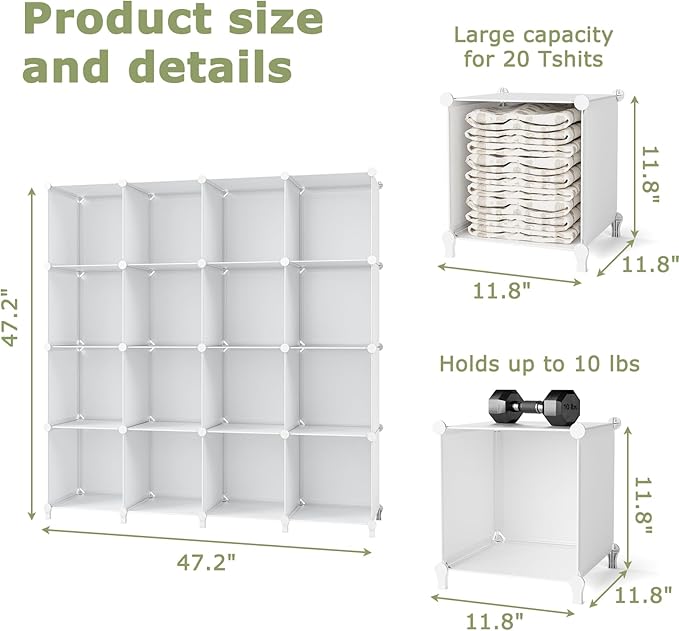 FUNLAX Cube Storage Shelf, 16 Storage Cubes Closet Organizers and Storage Portable Cube Storage Organizer Plastic Bookshelf Bookcase for Study Room, Bedroom, Office, White - LeafyLoom