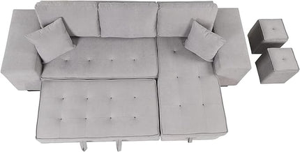 L Shaped Reversible Sleeper Sectional Sofa Pull Out Couch Bed with Storage Chaise Lounge and 2 Stools, Button Tufted Chenille Upholstered Convertible Pullout Sofabed for Living Room Office - LeafyLoom