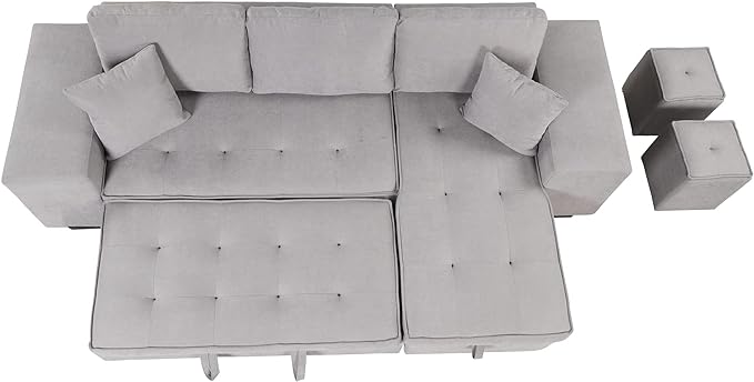 L Shaped Reversible Sleeper Sectional Sofa Pull Out Couch Bed with Storage Chaise Lounge and 2 Stools, Button Tufted Chenille Upholstered Convertible Pullout Sofabed for Living Room Office - LeafyLoom