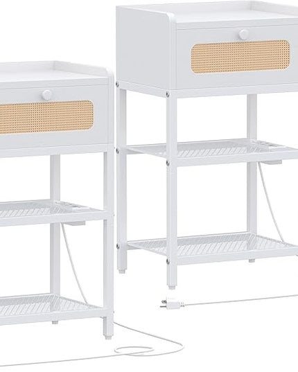 Night Stand set 2, Side Table with Rattan Drawer, Nightstand with Charging Station, Industrial Bedside Table with 3-Tier Storage, White JET003CW2 - LeafyLoom