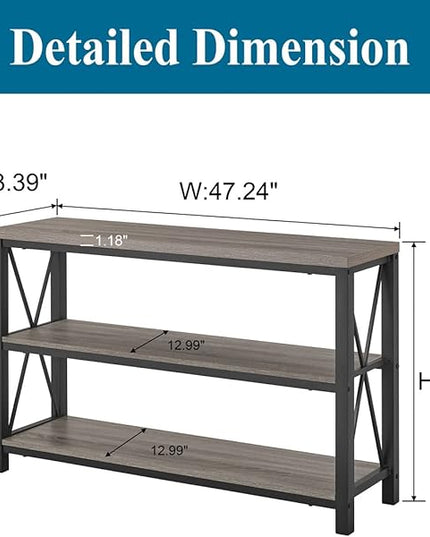 BON AUGURE Rustic Sofa Table Behind Couch, Industrial Console Tables for Entryway, 3 Tier Wood Shelves Entry Table with Storage for Foyer, Hallway, Front Door (47 Inch, Dark Grey Oak) - LeafyLoom