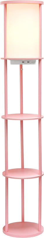 Simple Designs LF2010-LPK 62.5" Round Modern Shelf Etagere Organizer Storage Floor Lamp with 2 USB Charging Ports, 1 Charging Outlet and Linen Shade for Living Room Bedroom Office, Light Pink - LeafyLoom