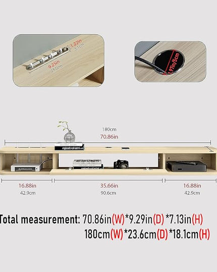 Floating TV Unit, 71'' Wall Mounted TV Cabinet, Floating Shelves with Door, Modern Entertainment Media Console Center Large Storage TV Bench for Living Room & Office (70.86IN, Oak) - LeafyLoom