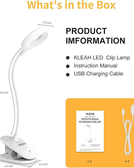 Clip on Light for Bed & Desk, Reading in Bed, Dorm, Flexible Gooseneck, Battery Operated Rechargeable Clamp Lamp for Headboard, Eye-Caring LED Light with 3 Brightness Modes - LeafyLoom