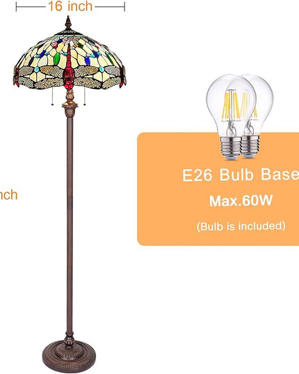 Capulina Tiffany Floor Lamp Cream Dragonfly Antique Style Stained Glass Standing Reading Floor Light 16X16X63 Inches Decor for Living Room Bedroom Home Office - LeafyLoom