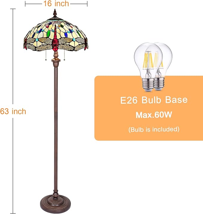 Capulina Tiffany Floor Lamp Cream Dragonfly Antique Style Stained Glass Standing Reading Floor Light 16X16X63 Inches Decor for Living Room Bedroom Home Office - LeafyLoom