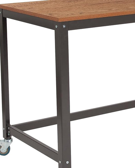Flash Furniture Livingston Collection Computer Table and Desk in Brown Oak Wood Grain Finish with Metal Wheels - LeafyLoom