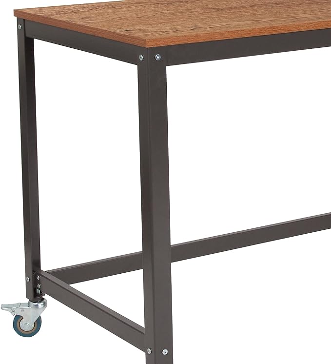 Flash Furniture Livingston Collection Computer Table and Desk in Brown Oak Wood Grain Finish with Metal Wheels - LeafyLoom