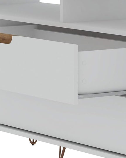 Manhattan Comfort Rockefeller Modern 2 Drawers Living Room Television Stand with Metal Legs, 62.99", Off White/Nature - LeafyLoom