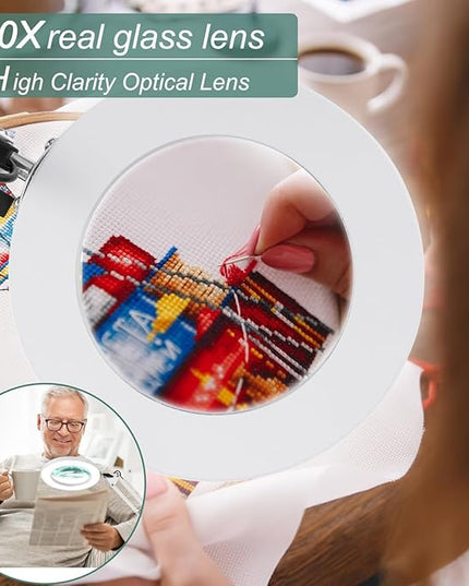 10X Magnifying Glass with Light, Krstlv Real Glass Lens Desk Lamp & Clamp, 3 Color Modes Stepless Dimmable, Hands Free LED Lighted Magnifier with Light and Stand for Reading Crafts Close Works - White - LeafyLoom