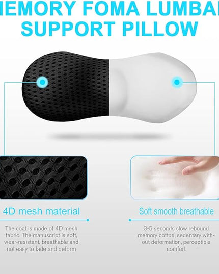 Lumbar Support Pillow - Memory Foam for Low Back Pain Relief, Ergonomic Streamline Car Seat, Office Chair, Recliner and Bed (black) - LeafyLoom