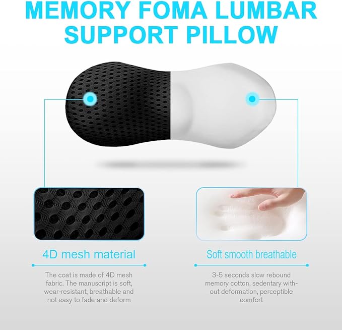 Lumbar Support Pillow - Memory Foam for Low Back Pain Relief, Ergonomic Streamline Car Seat, Office Chair, Recliner and Bed (black) - LeafyLoom