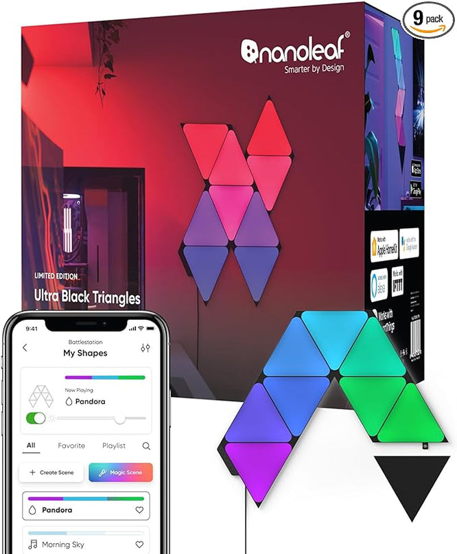 Nanoleaf Shapes WiFi and Thread Smart RGBW 16M+ Color LED Dimmable Gaming and Home Decor Wall Lights Smarter Kits (Black Triangles Smarter Kit (9 Pack) NANOLEAF