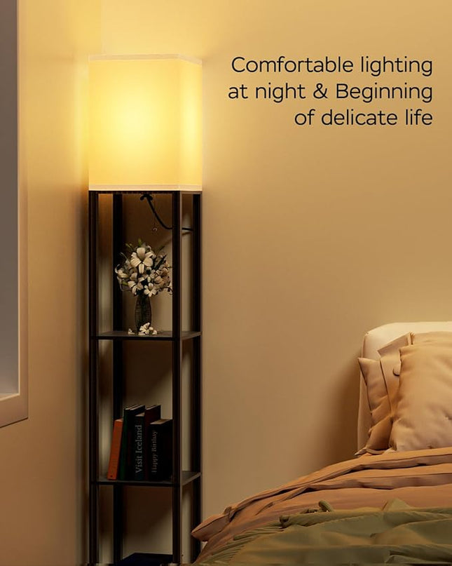 PAZZO Floor Lamp with Shelves by Solid Wood, Modern Shelf Floor Lamp with 3 Color Temperature, Linen Lampshade and Storage Shelves for Living Room, Bedroom, Bulb Included(Black) - LeafyLoom