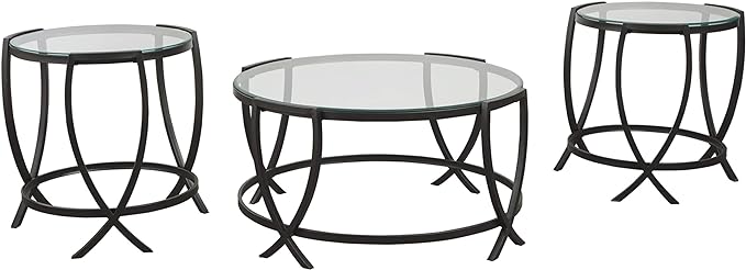 Signature Design by Ashley Tarrin Contemporary Glass Top Round 3-Piece Table Set, Includes Coffee Table and 2 End Tables, Black - LeafyLoom