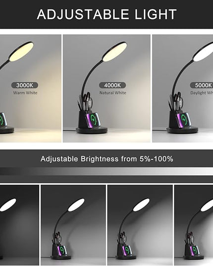Desk Lamp with Wireless Charger, LED Desk Lamp for Home Office with Pen Holder, Dimmable Eye-Caring Study Desk Light Flexible Arm 3 Color Modes for College Dorm, 800 Lumens CRI 90 - LeafyLoom
