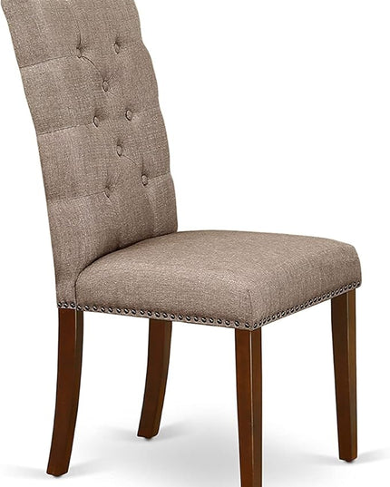 East West Furniture HBEL3-MAH-16 Hartland 3 Piece Room Furniture Set Contains a Round Dining Table with Pedestal and 2 Dark Khaki Linen Fabric Upholstered Chairs, 42x42 Inch - LeafyLoom