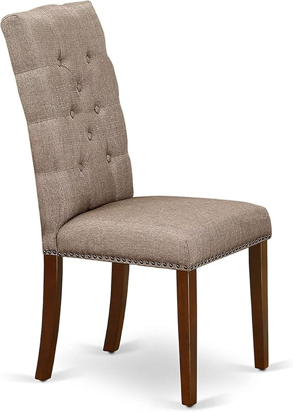 East West Furniture HBEL3-MAH-16 Hartland 3 Piece Room Furniture Set Contains a Round Dining Table with Pedestal and 2 Dark Khaki Linen Fabric Upholstered Chairs, 42x42 Inch - LeafyLoom