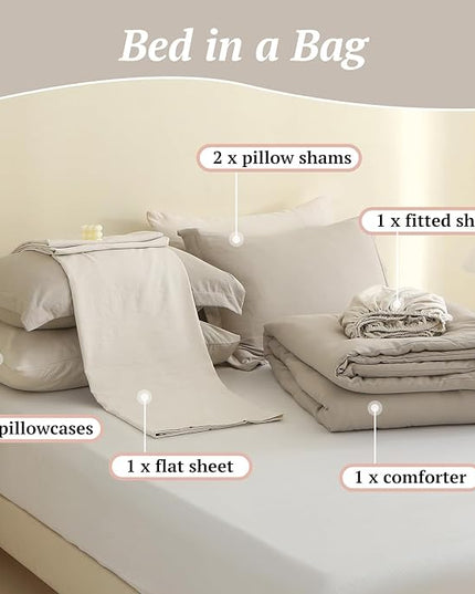MILDLY California King Size Comforter Set 7 Piece Color Clash, Oatmeal Grey Bed in a Bag, All Season Bedding Sets with 1 Comforter, 2 Pillow Shams, 2 Pillowcases, 1 Flat Sheet, 1 Fitted Sheet - LeafyLoom