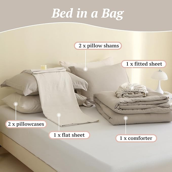 MILDLY California King Size Comforter Set 7 Piece Color Clash, Oatmeal Grey Bed in a Bag, All Season Bedding Sets with 1 Comforter, 2 Pillow Shams, 2 Pillowcases, 1 Flat Sheet, 1 Fitted Sheet - LeafyLoom