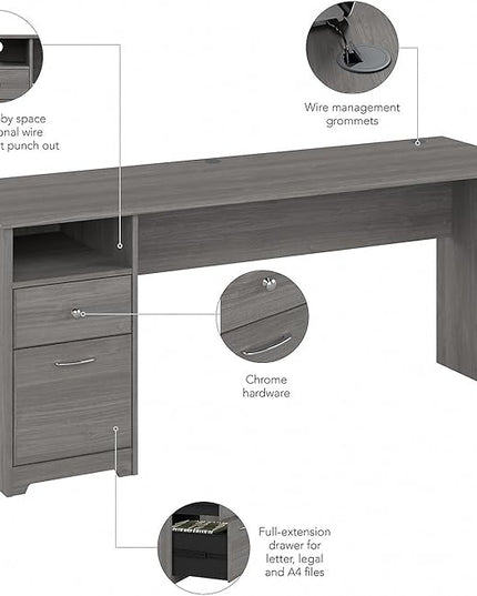 Bush Furniture Cabot Desks for Home Office with Storage and Chrome Hardware | Elegant Computer Table with Drawers, 72W, Modern Gray - LeafyLoom