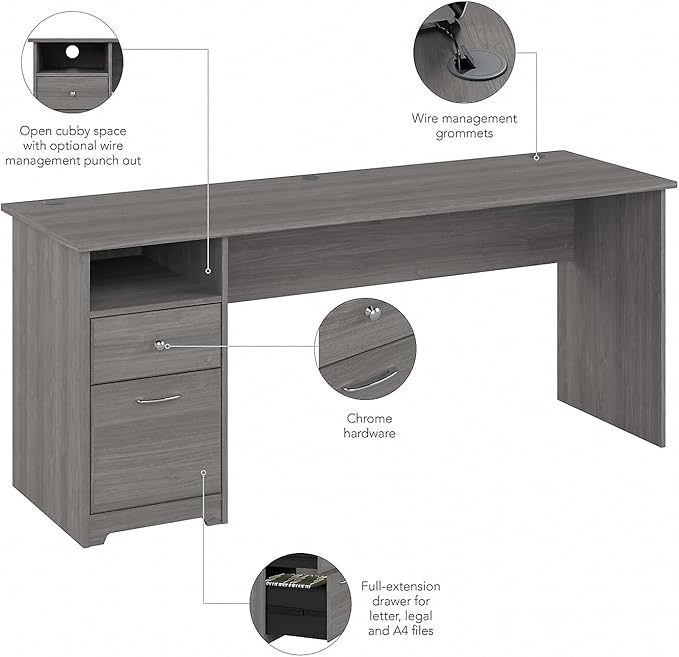 Bush Furniture Cabot Desks for Home Office with Storage and Chrome Hardware | Elegant Computer Table with Drawers, 72W, Modern Gray - LeafyLoom