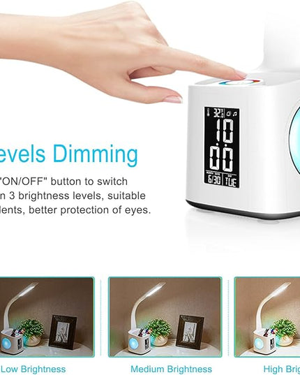 wanjiaone LED Desk Lamp with Clock,Color Changing Nightlight,Study Lamp with Pen Holder,Desk Light with USB Charger,Table Light for Home,Office,Bedroom,Gift for Kids,Students,Women,White - LeafyLoom