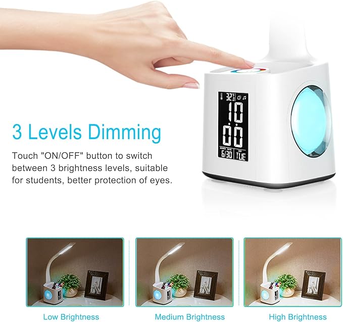wanjiaone LED Desk Lamp with Clock,Color Changing Nightlight,Study Lamp with Pen Holder,Desk Light with USB Charger,Table Light for Home,Office,Bedroom,Gift for Kids,Students,Women,White - LeafyLoom