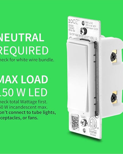 Zooz 800 Series Z-Wave Long Range On/Off Switch ZEN71 800LR, White | Direct 3-Way (No Add-On Switch Needed) | Z-Wave Hub Required ZOOZ