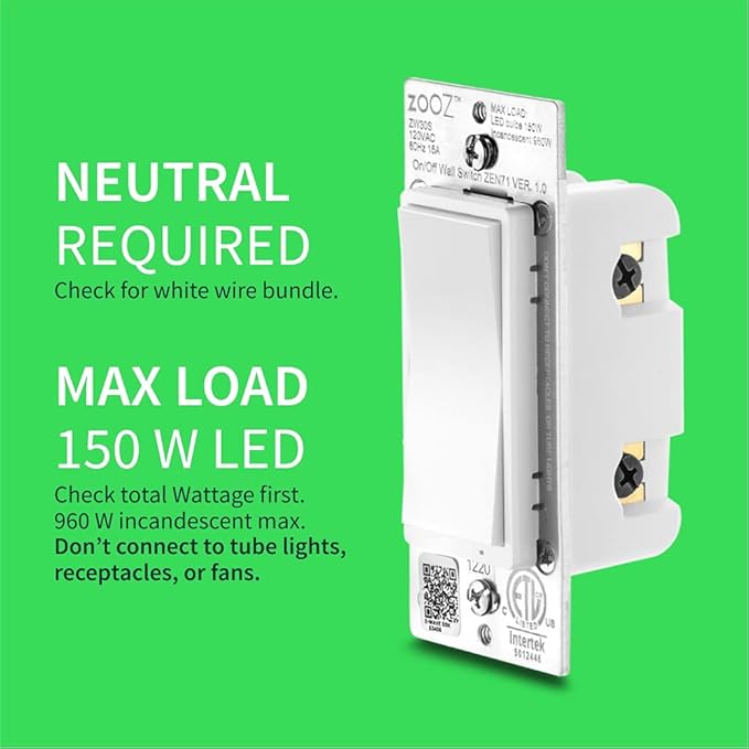 Zooz 800 Series Z-Wave Long Range On/Off Switch ZEN71 800LR, White | Direct 3-Way (No Add-On Switch Needed) | Z-Wave Hub Required ZOOZ